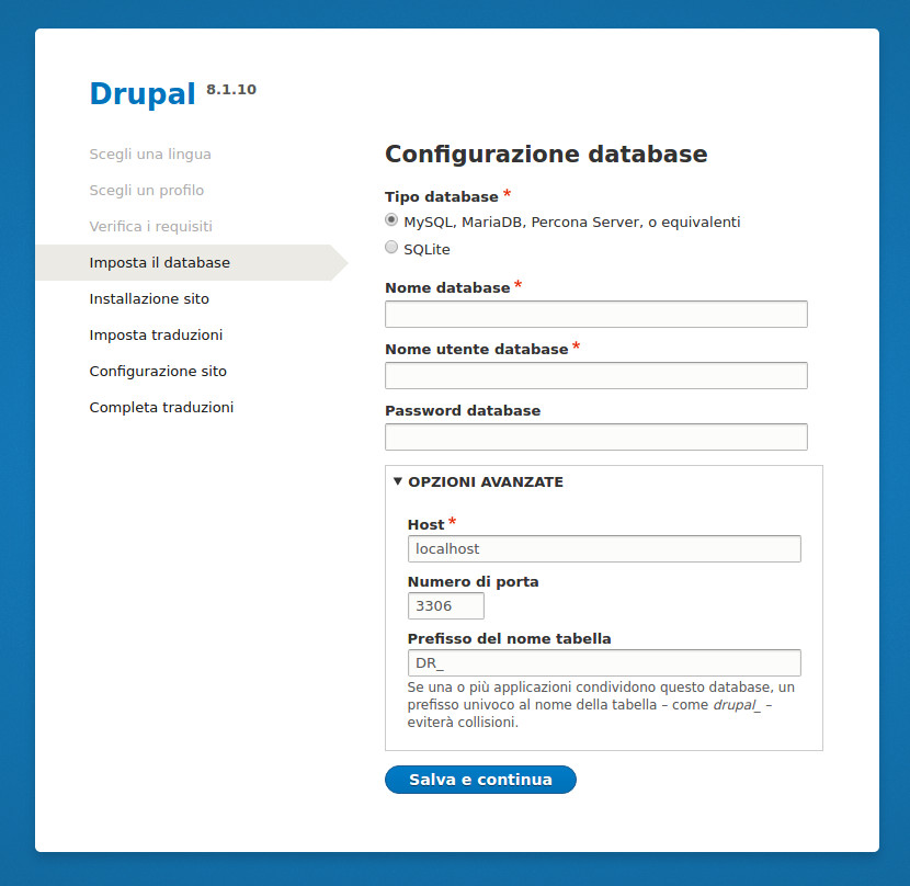 Come installare Drupal 8: configurazione database
