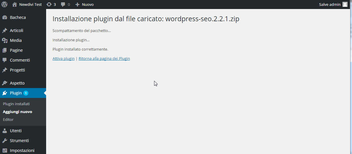schermata successo installazione plugin wordpress