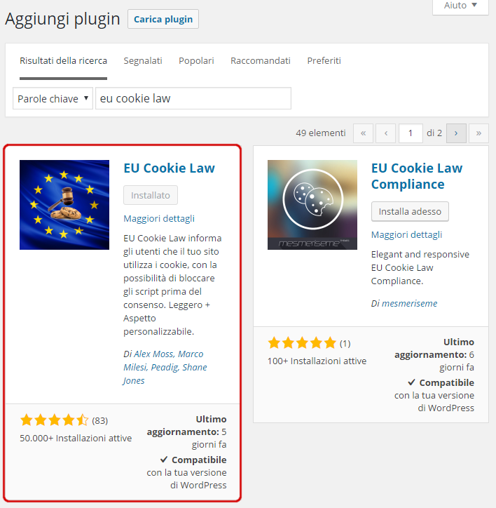 installare EU cookie law dalla directory dei plugin